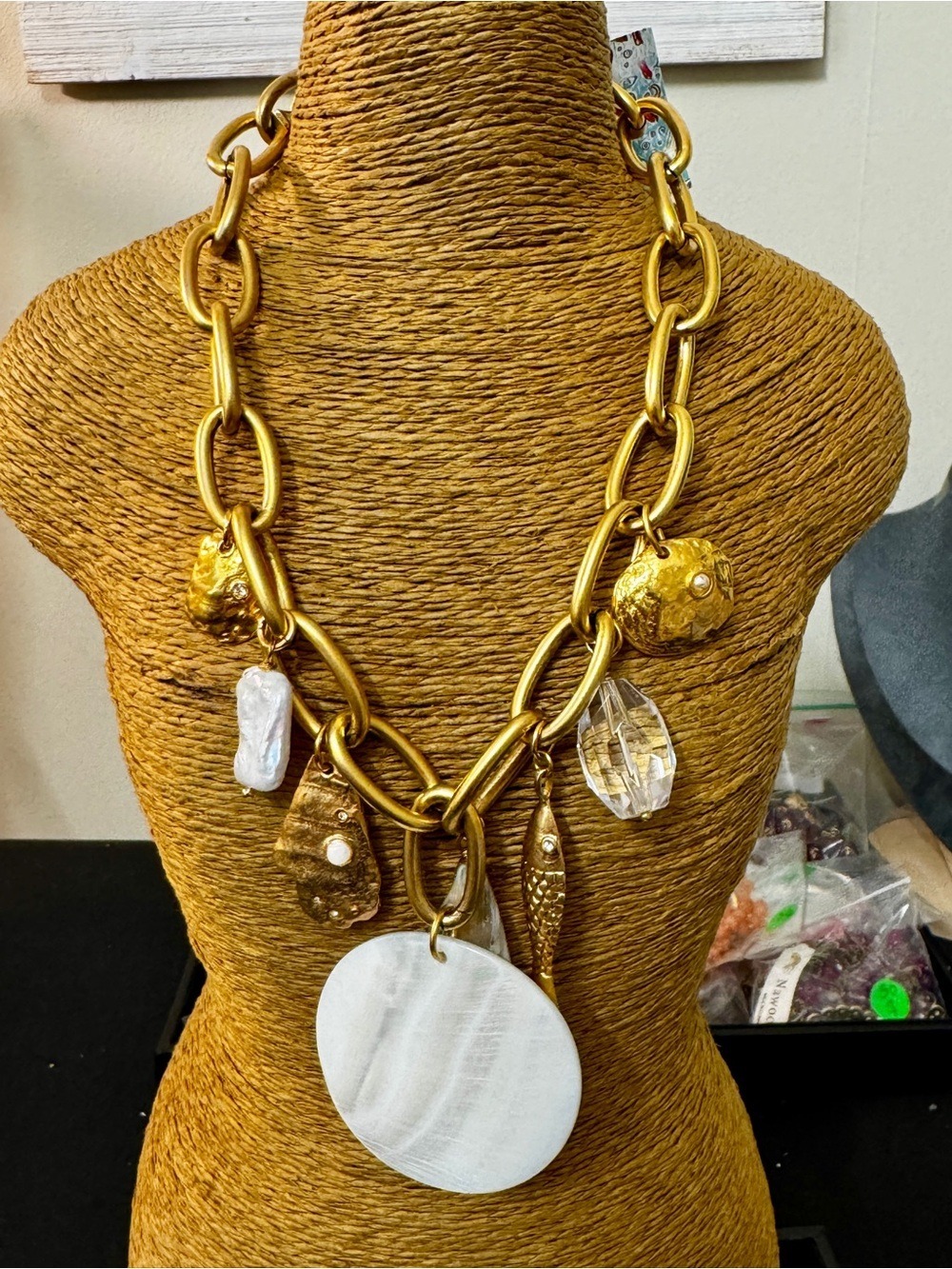 Gold-Tone Statement Necklace with White Disc Pendant - Women Jewelry